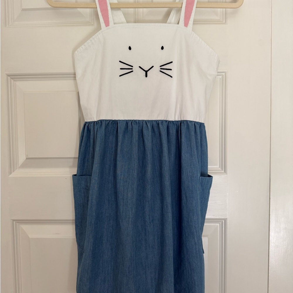 Hanna Andersson Crisp White Bunny Bodice Blue Dress with Pink Straps 140cm sz 10